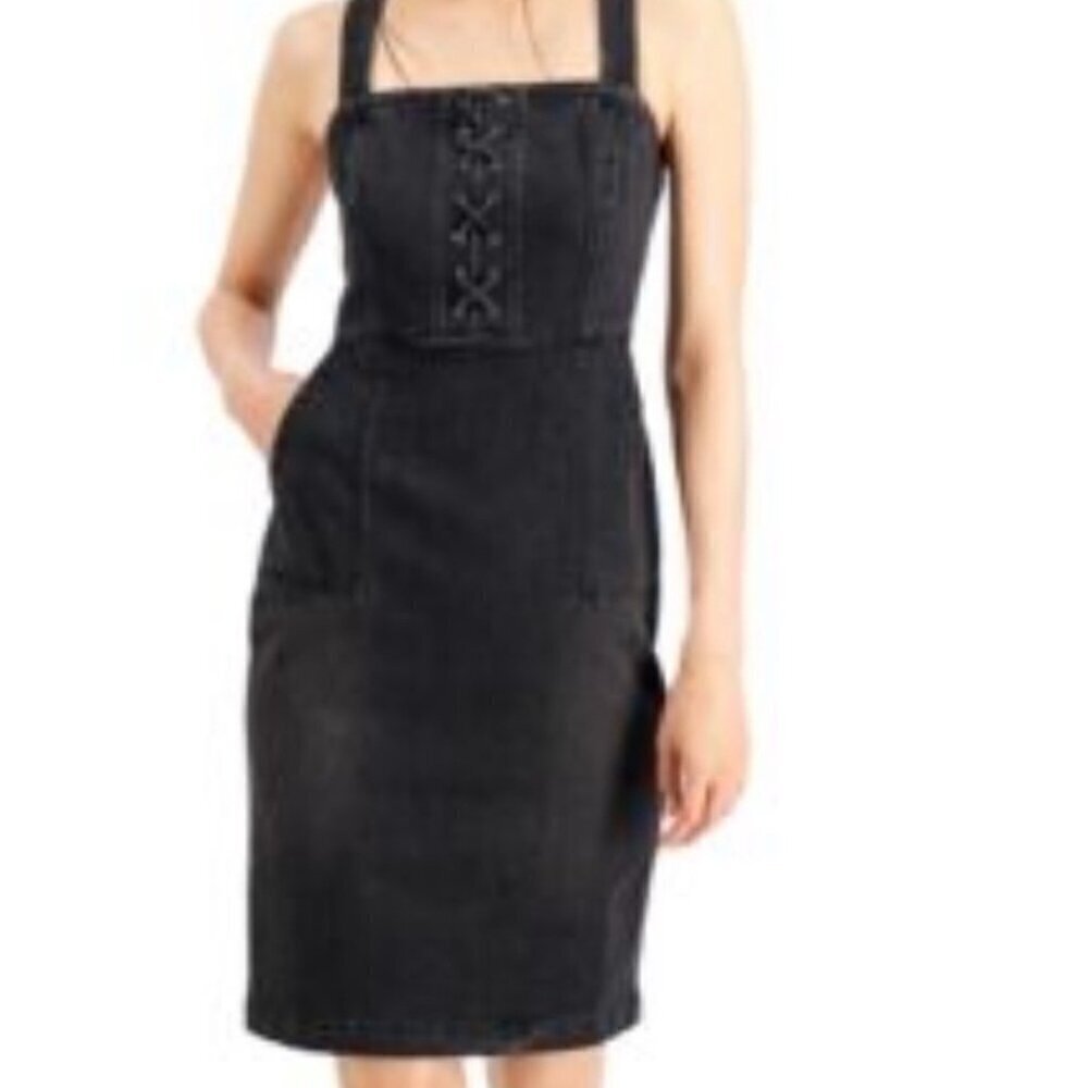 INC International Concepts Faded Black Lace Up Jean Dress, Size 2
